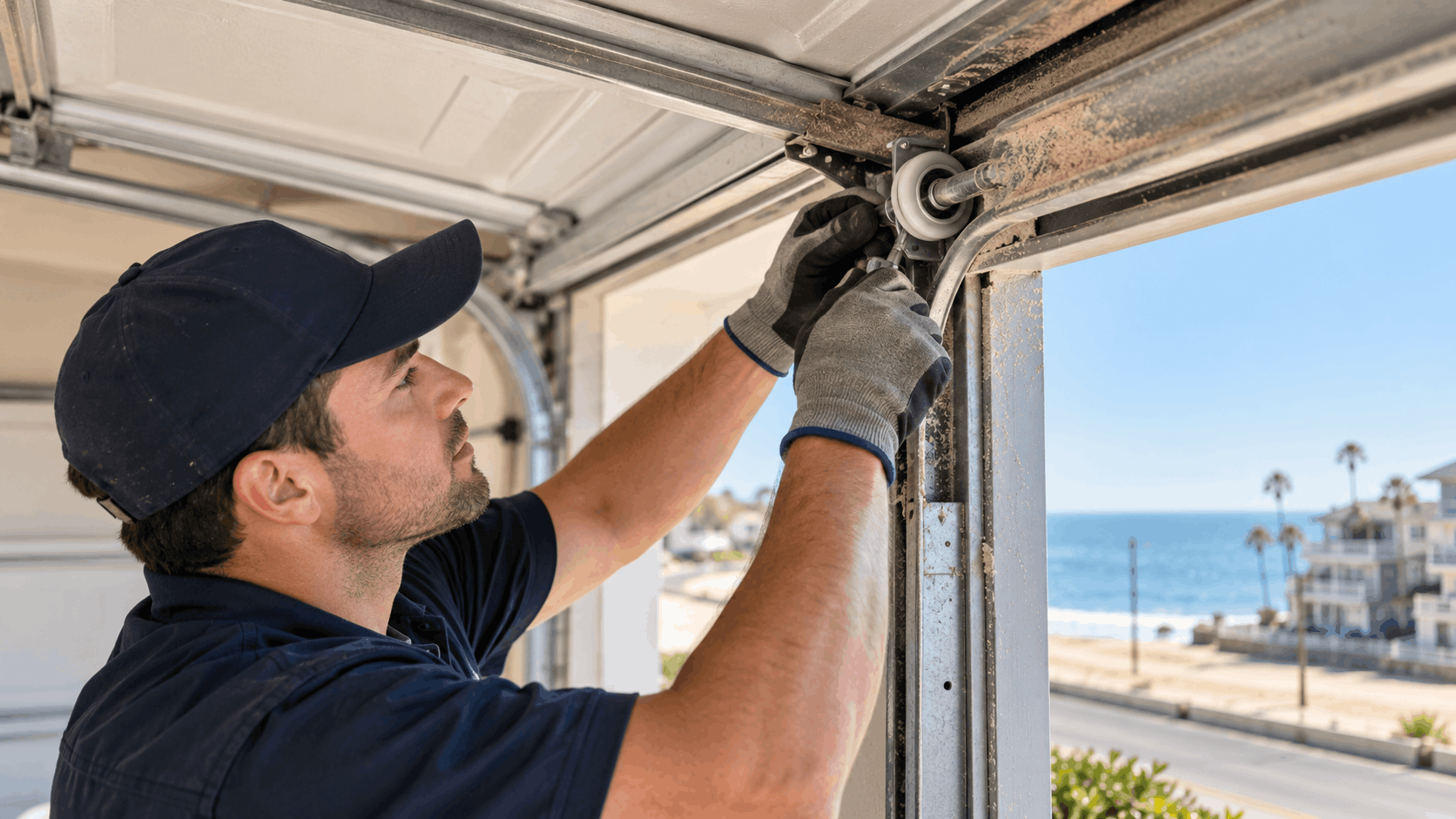 Technician repairing garage door roller and track with ocean view in Newport Beach