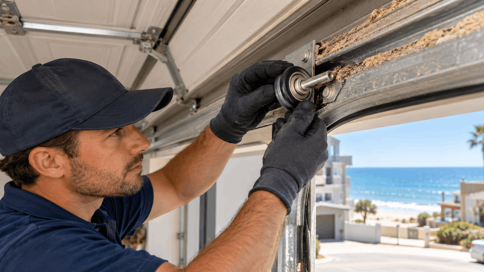 Garage door technician repairing roller track on coastal Irvine beachfront property
