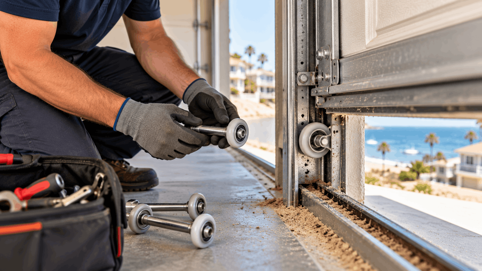 Garage door roller replacement technician repairing tracks at Irvine coastal home