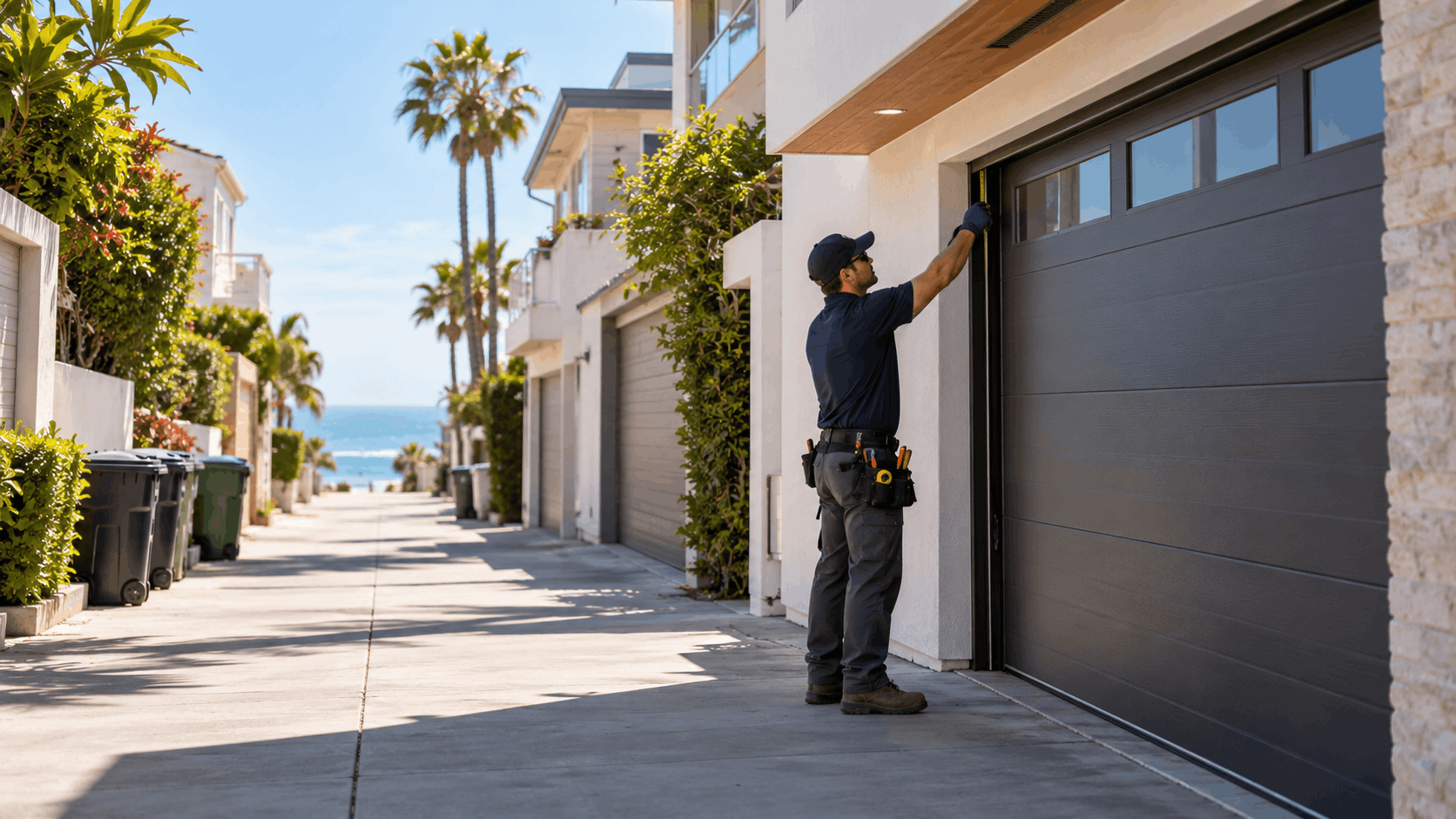 Garage door technician inspecting modern gray garage door in coastal Corona del Mar neighborhood