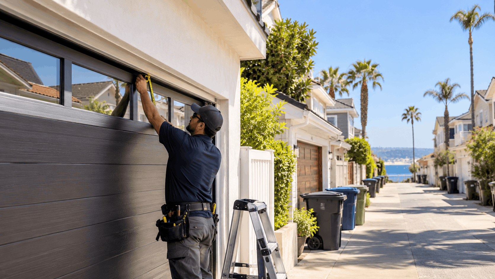Garage door technician measuring and installing modern dark panel garage door in Irvine alley