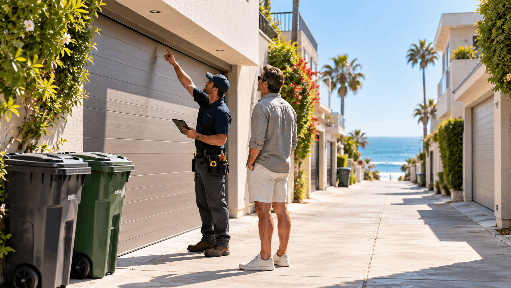 Garage door technician inspecting spring mechanism with homeowner in coastal Irvine neighborhood