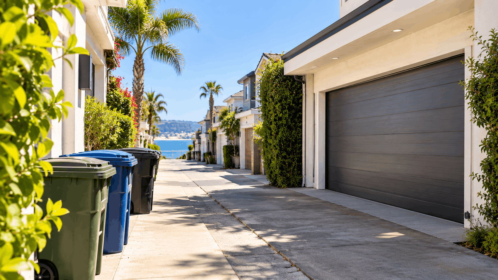 Sunny Corona del Mar alley with garage doors, palm trees, and recycling bins