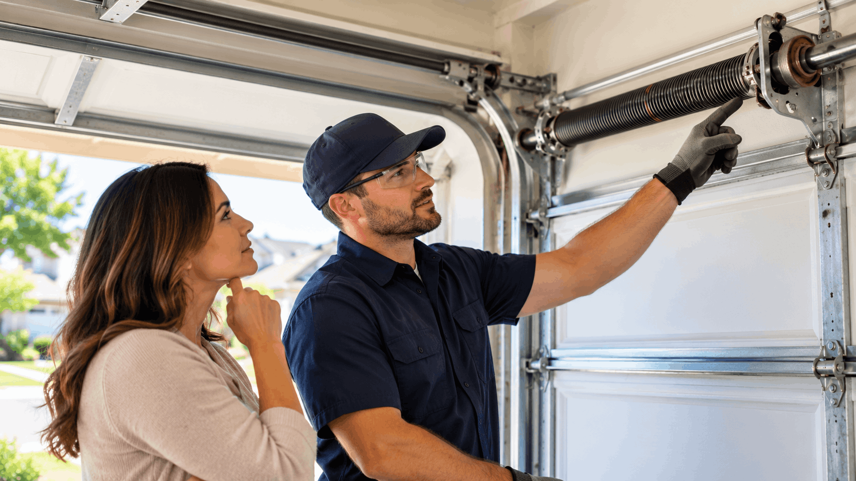 Technician explaining garage door torsion spring replacement to homeowner in Irvine