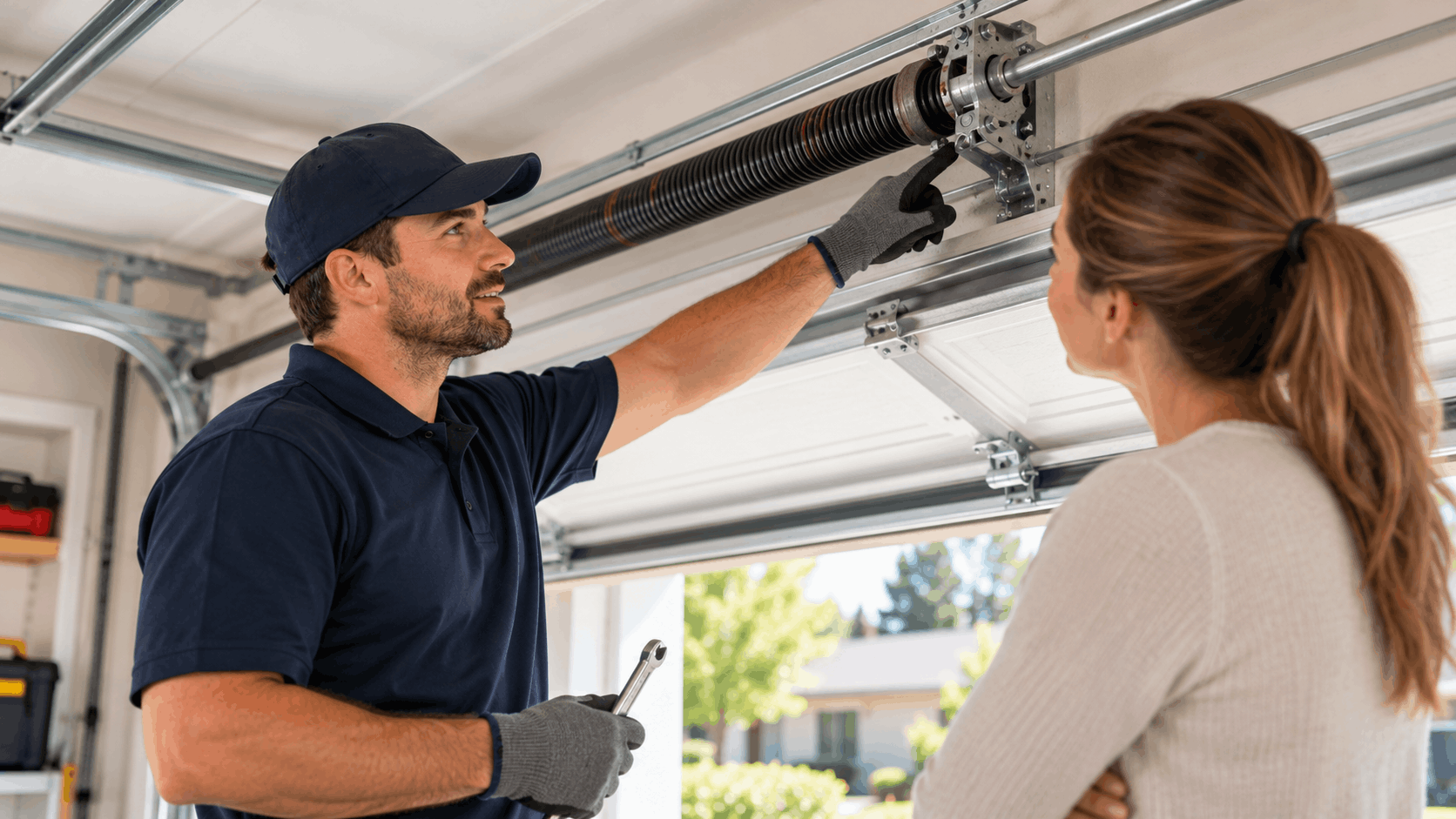 Garage door technician inspecting broken torsion spring while explaining repair to homeowner