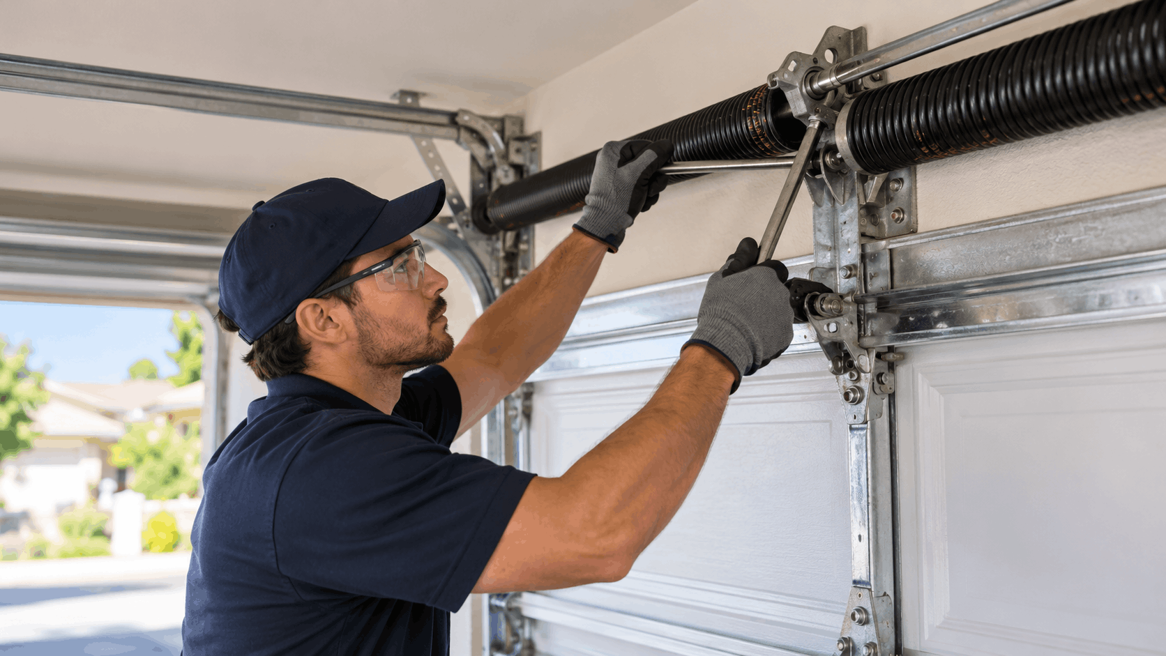 Technician repairing garage door torsion springs with safety gloves and glasses