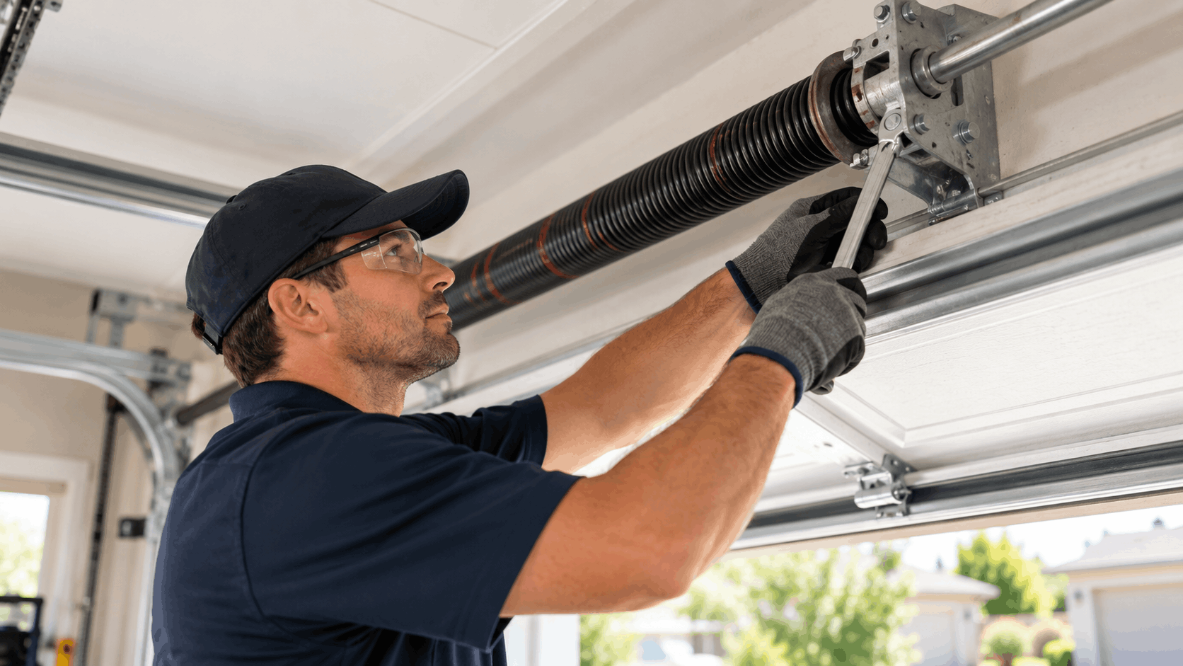 Garage door technician adjusting torsion spring system in Irvine residential garage