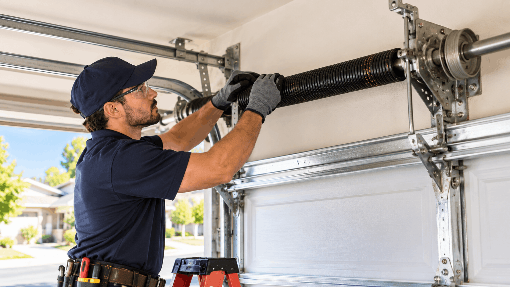 Technician replacing garage door torsion spring in Irvine residential home