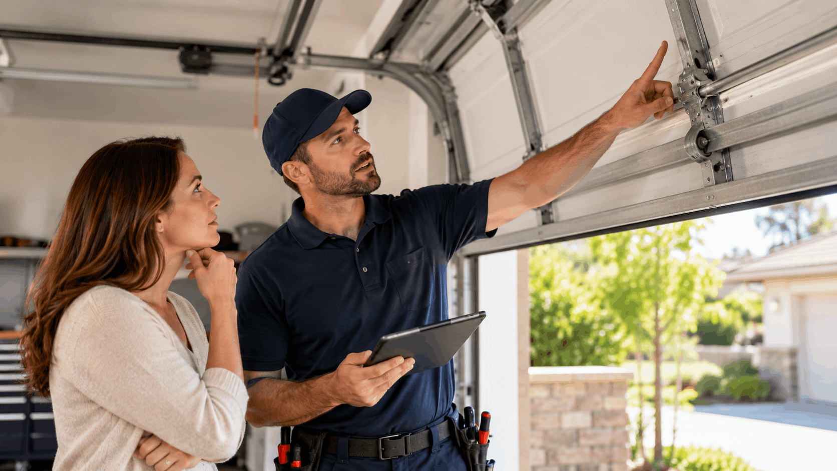 Garage door technician inspecting tracks while explaining issues to Costa Mesa homeowner