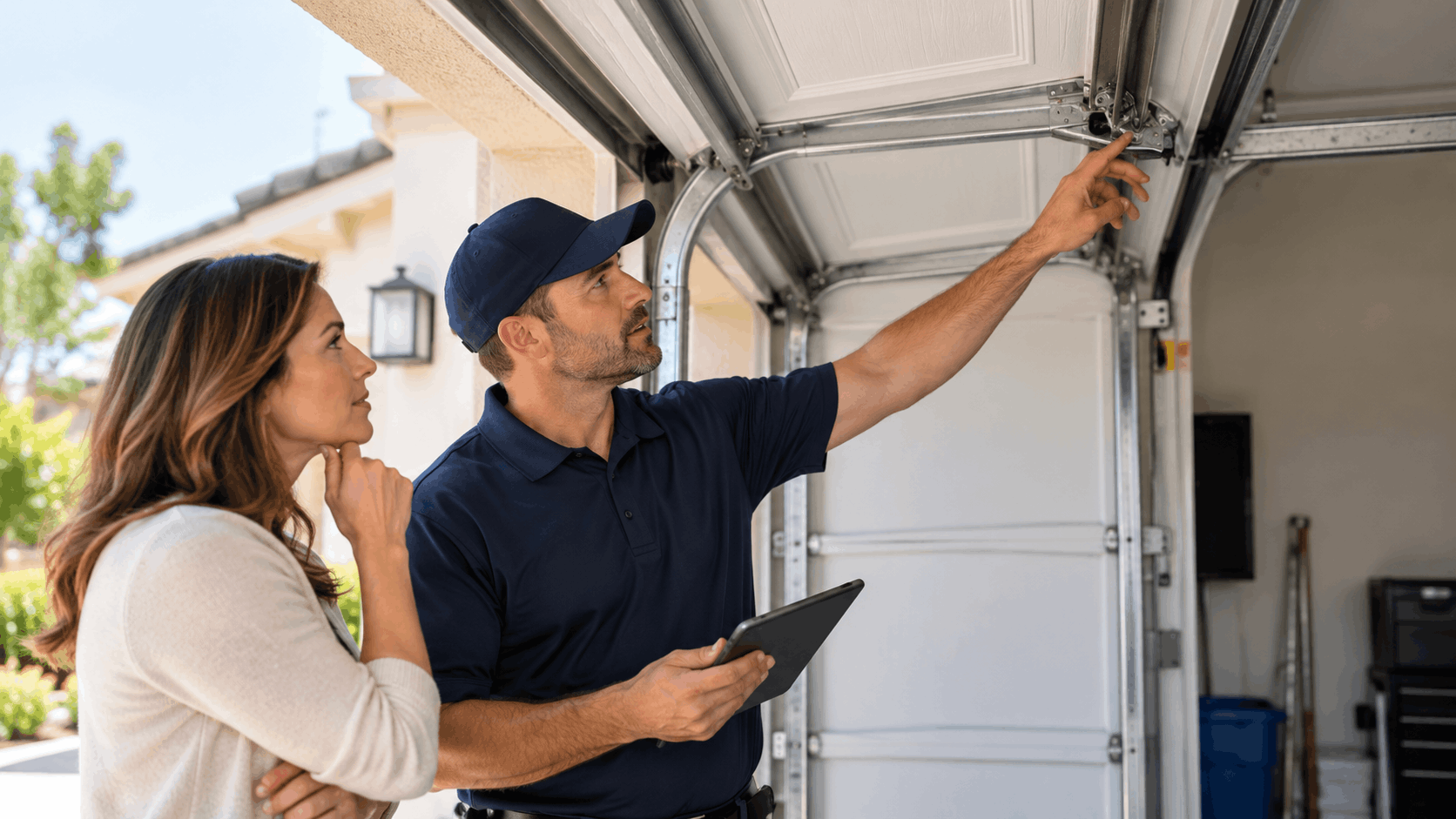Garage door technician explaining spring and cable mechanisms to Irvine homeowner