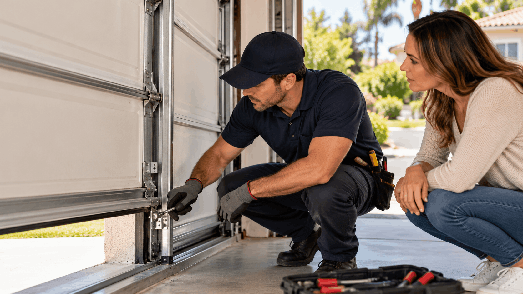 Garage door technician repairing track while Irvine homeowner observes repair process