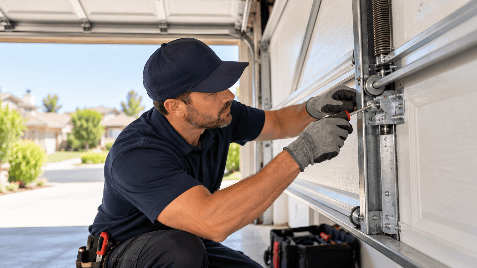 Licensed garage door technician repairing track and hardware in Costa Mesa residential garage