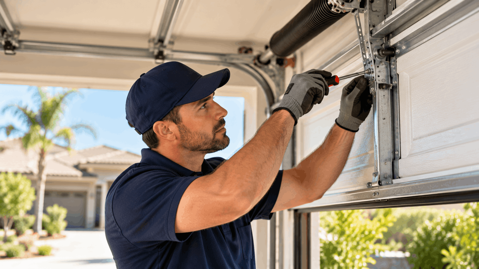Professional garage door technician repairing track and hardware in Irvine residential home