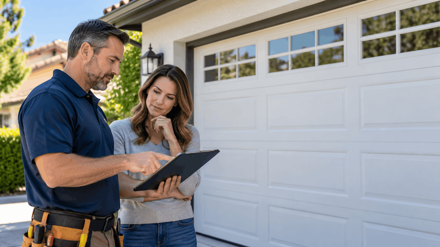 Garage door technician reviewing clipboard estimate with Costa Mesa homeowner outside white garage