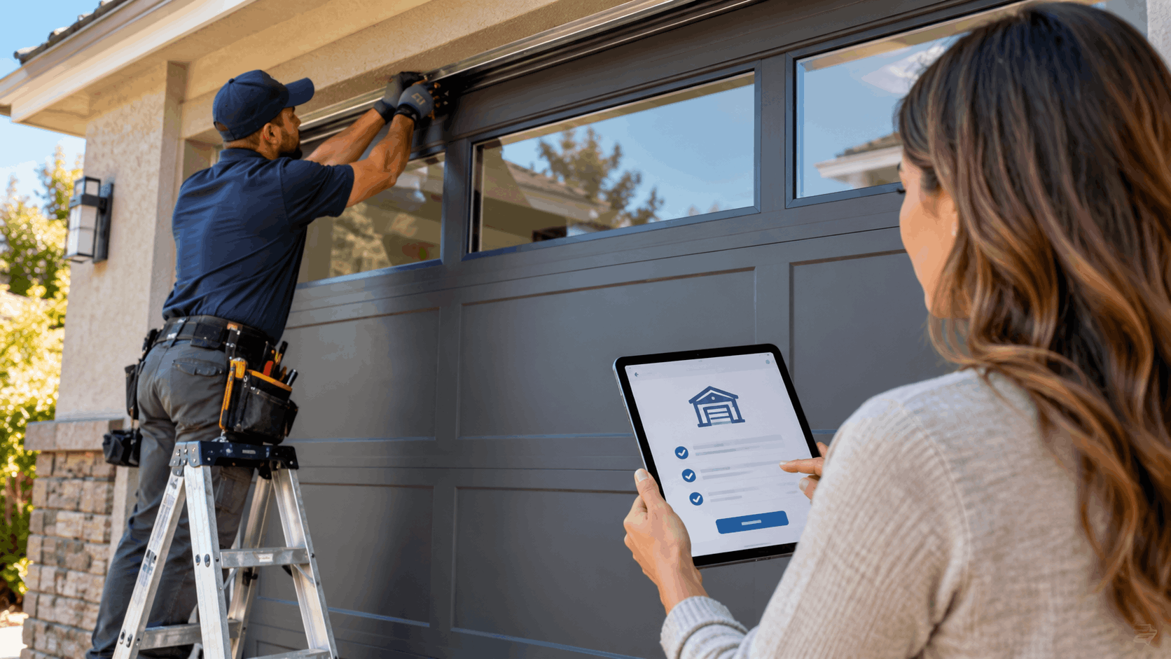 Garage door technician on ladder repairing door while homeowner reviews service checklist on tablet