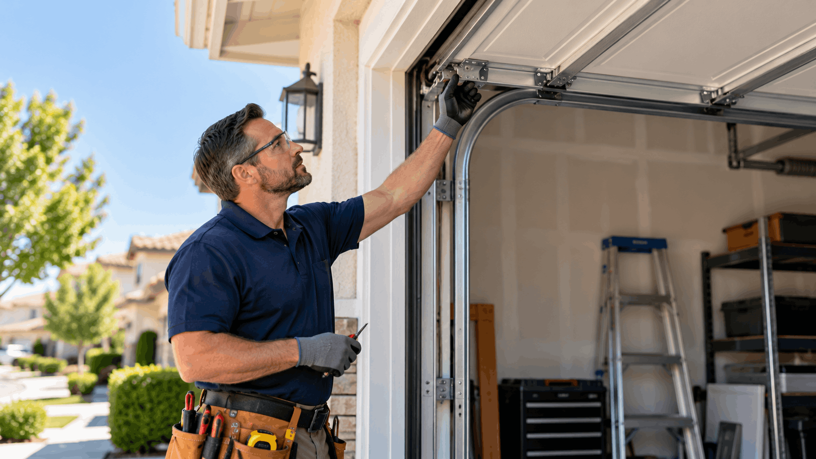 Professional garage door technician inspecting and repairing hinges and tracks on residential door