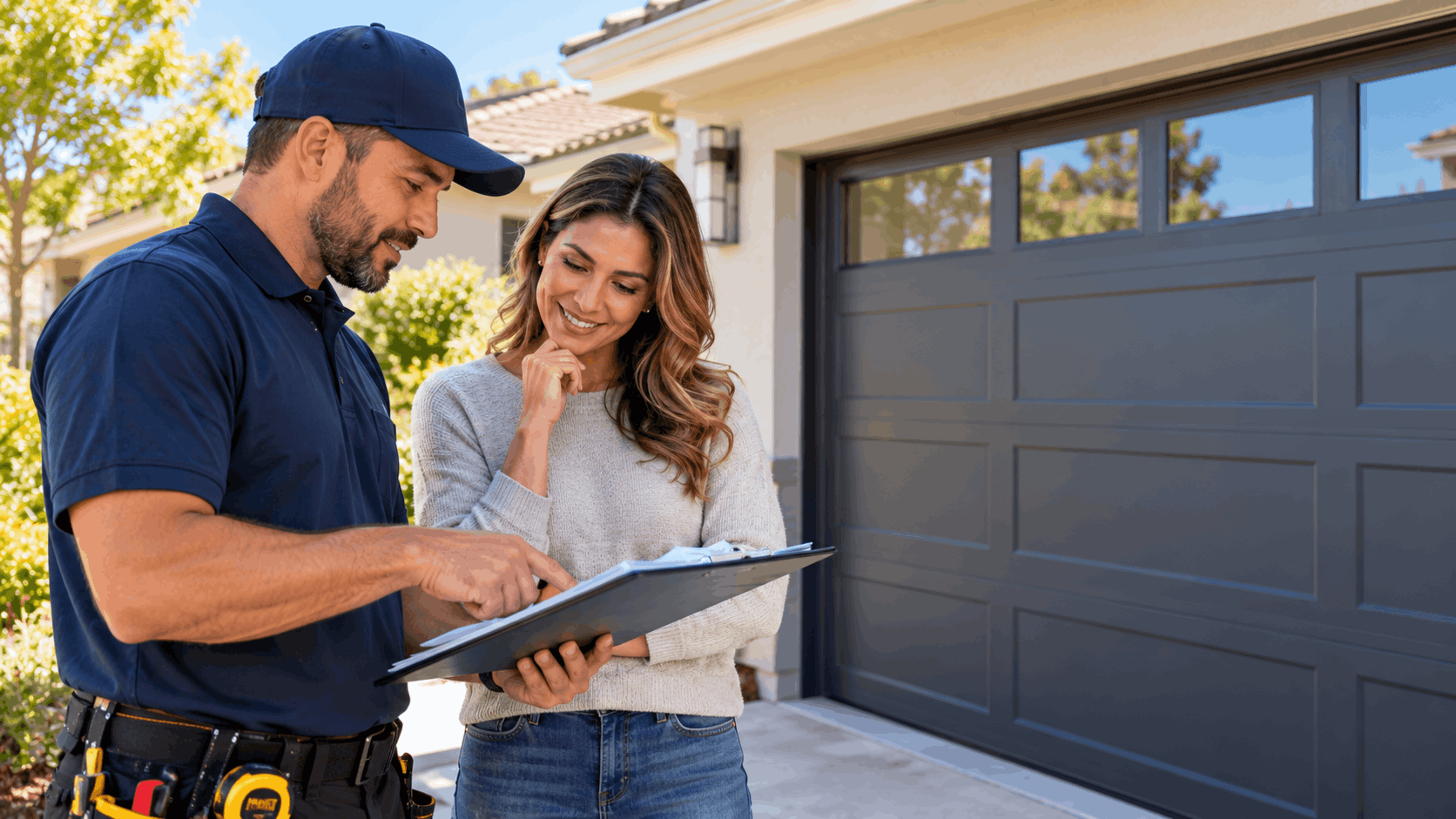 Garage door technician reviewing code requirements clipboard with Irvine homeowner outside