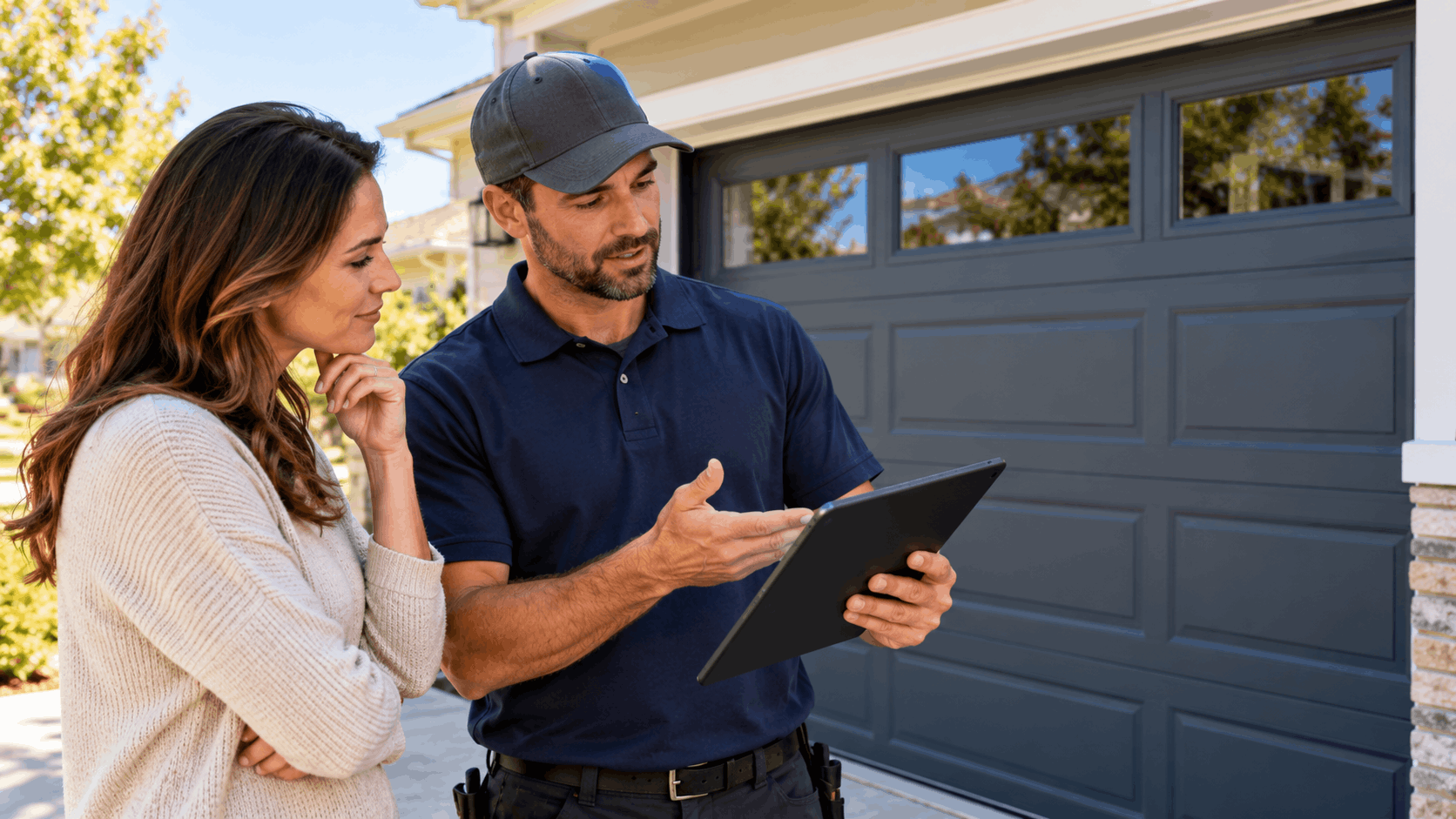 Garage door technician showing tablet estimate to homeowner outside Costa Mesa residence
