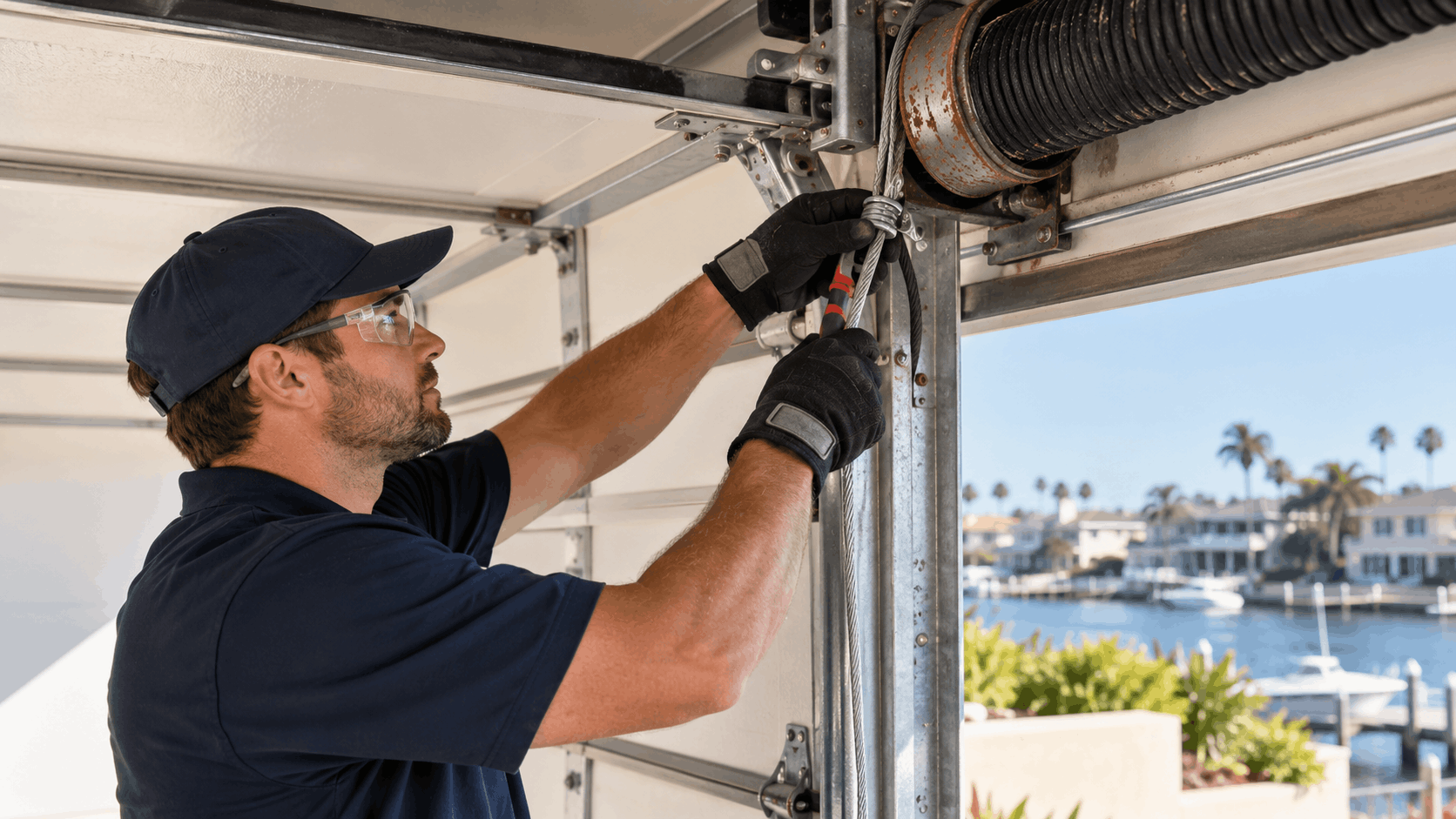 Garage door technician repairing corroded cables and torsion spring near coastal waterfront