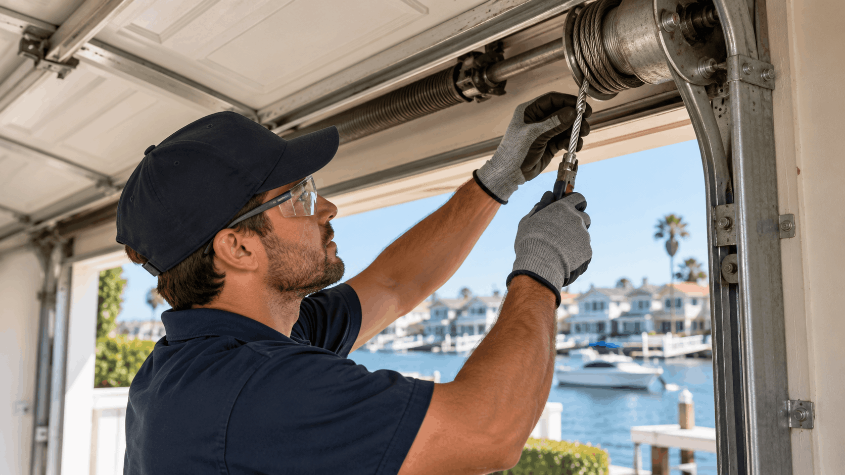 Garage door technician inspecting cable and spring system in Irvine waterfront home
