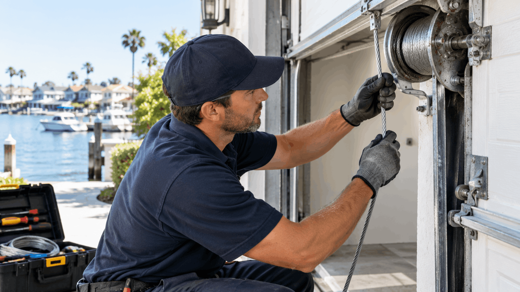 Garage door cable replacement technician working on drum and cable system Balboa Island