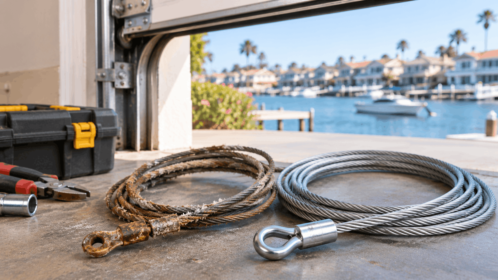 Rusty old garage door cable beside shiny new replacement cable with tools nearby