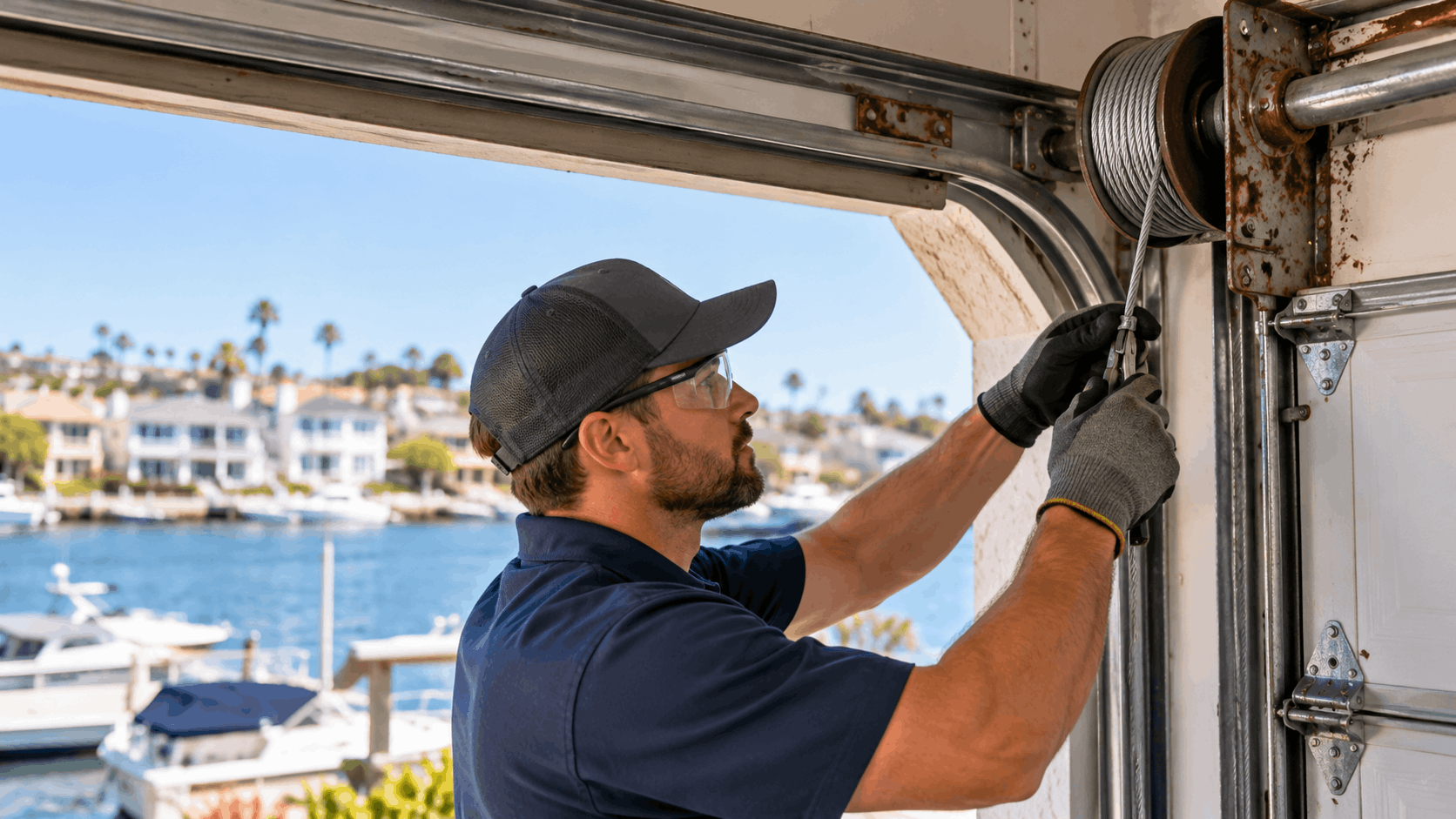 Garage door cable replacement technician working on drum and cable system overlooking Newport Beach waterway