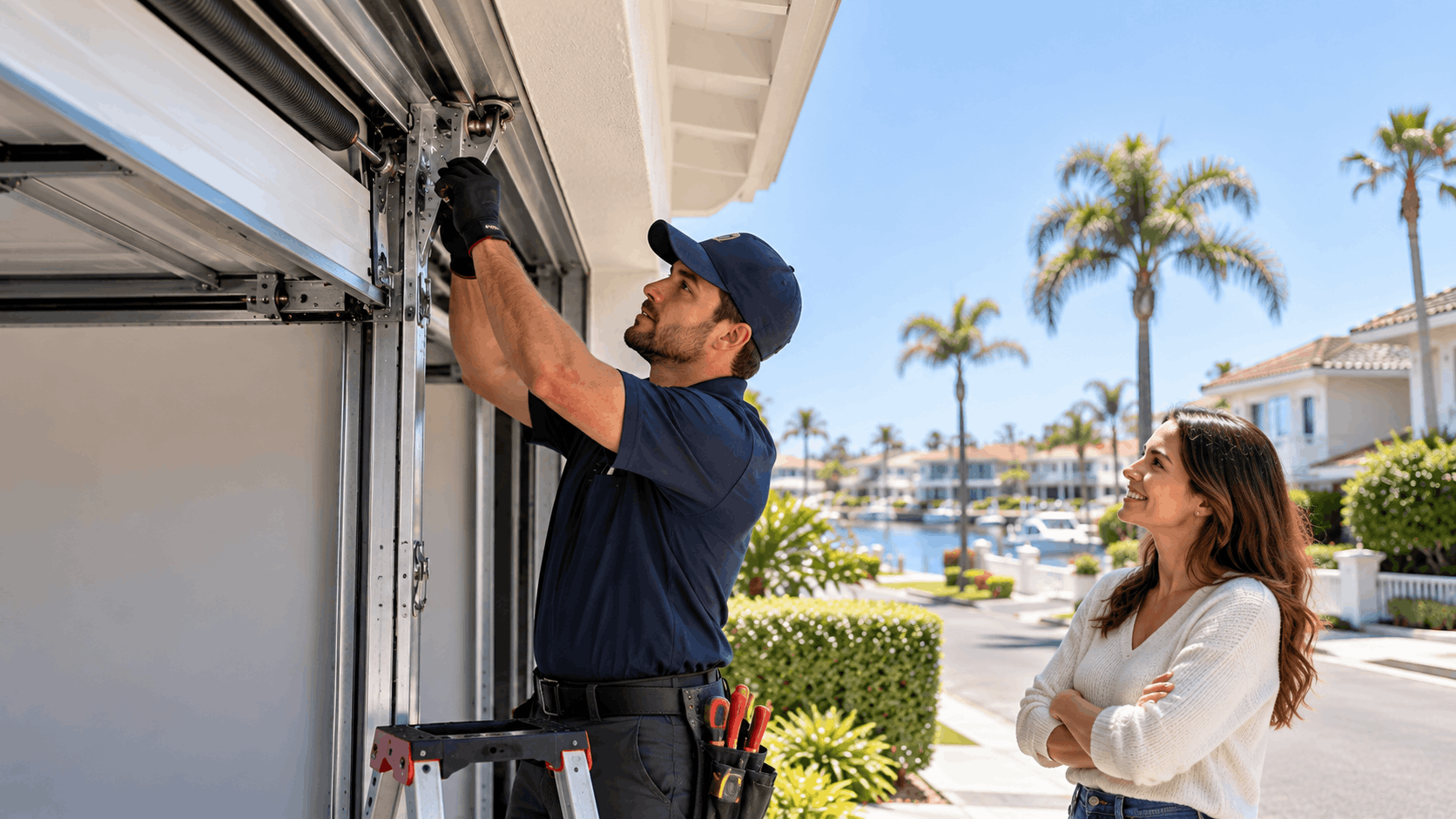 Garage door technician repairing hardware while homeowner watches in sunny Irvine coastal neighborhood
