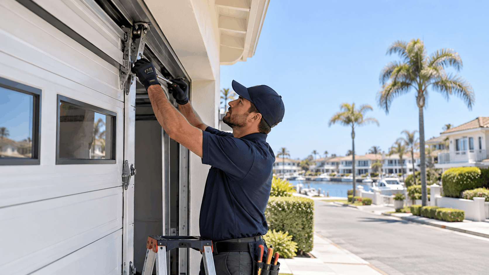 Garage door technician repairing track hardware on residential home in Irvine California