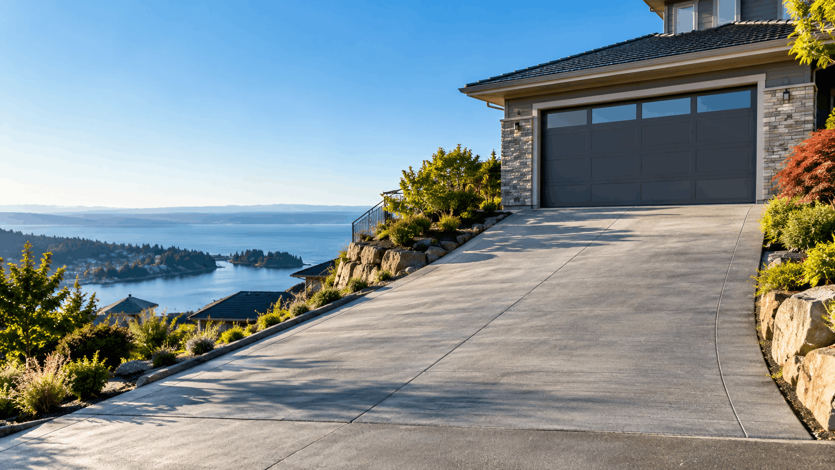Sloped concrete driveway leading to residential garage door with waterfront view