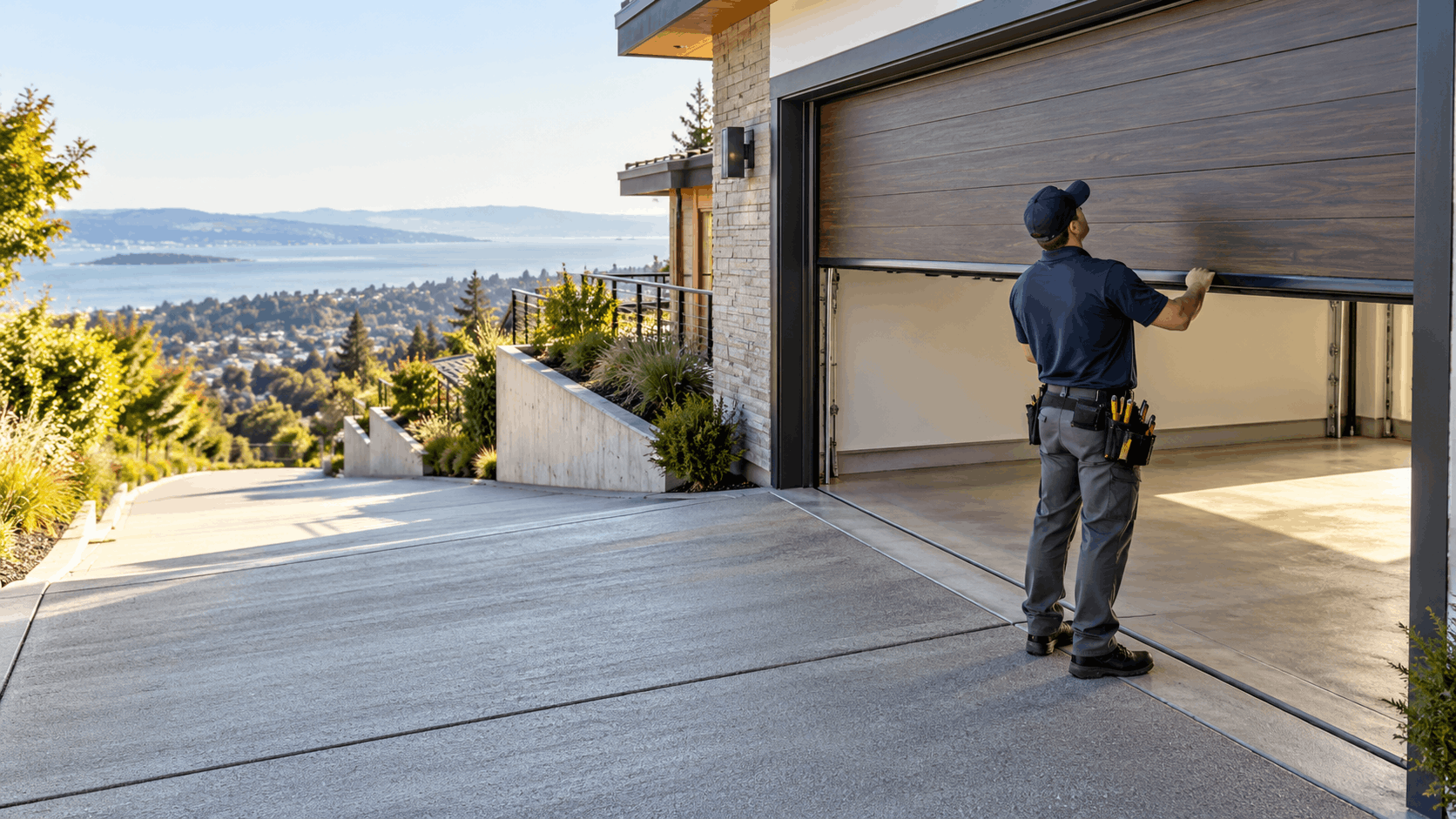Garage door technician inspecting wood panel door on luxury coastal hillside home