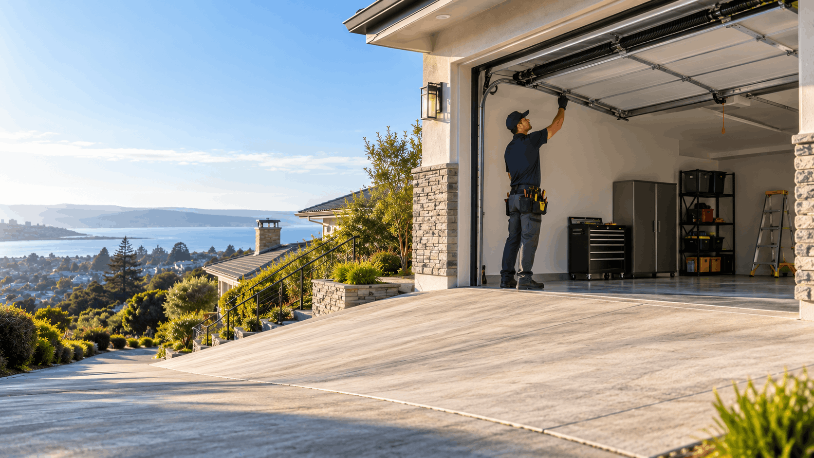 Garage door technician inspecting overhead door mechanism at luxury Newport Beach hillside home