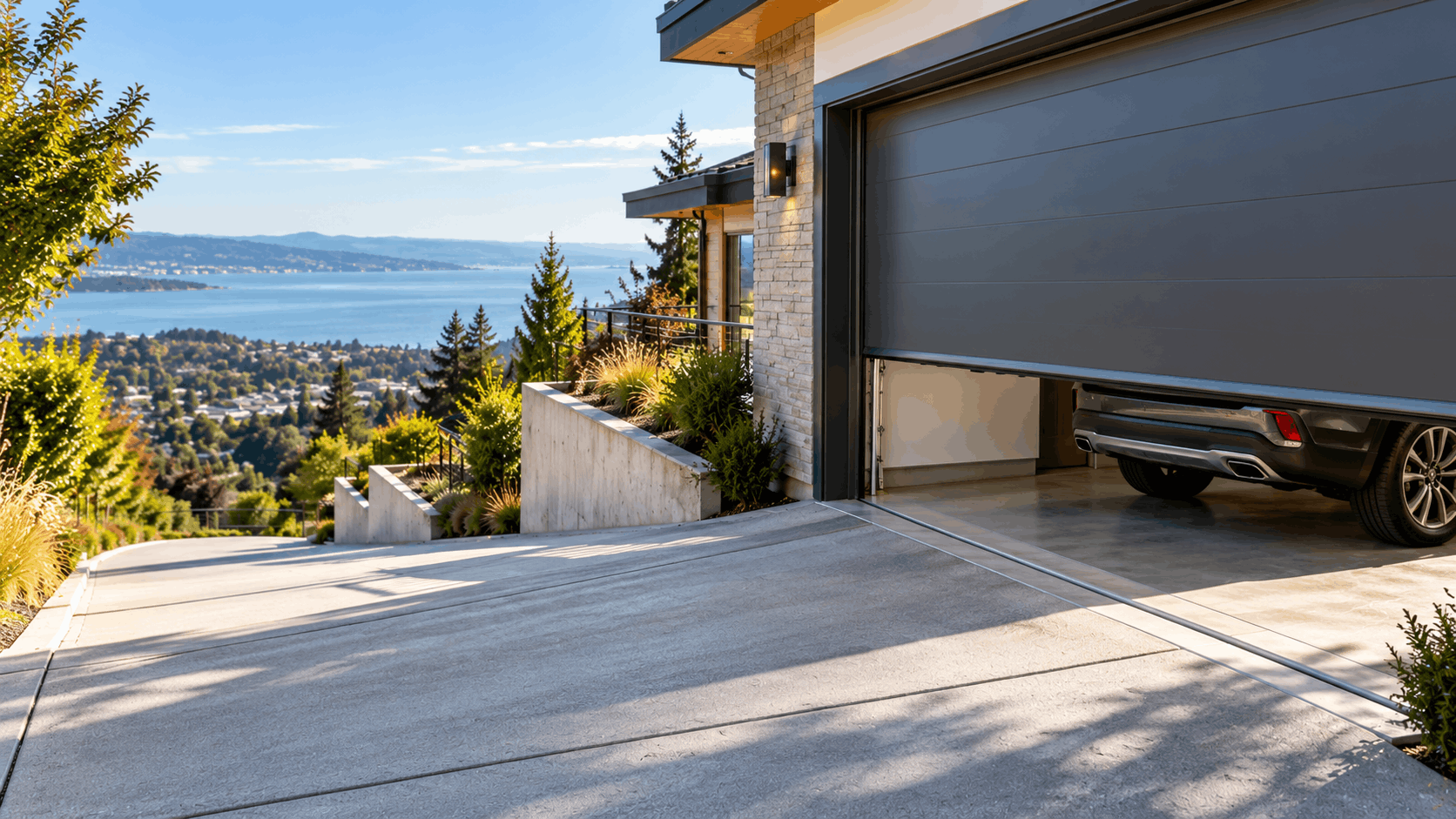 Modern garage door open on luxury hillside home with panoramic water view