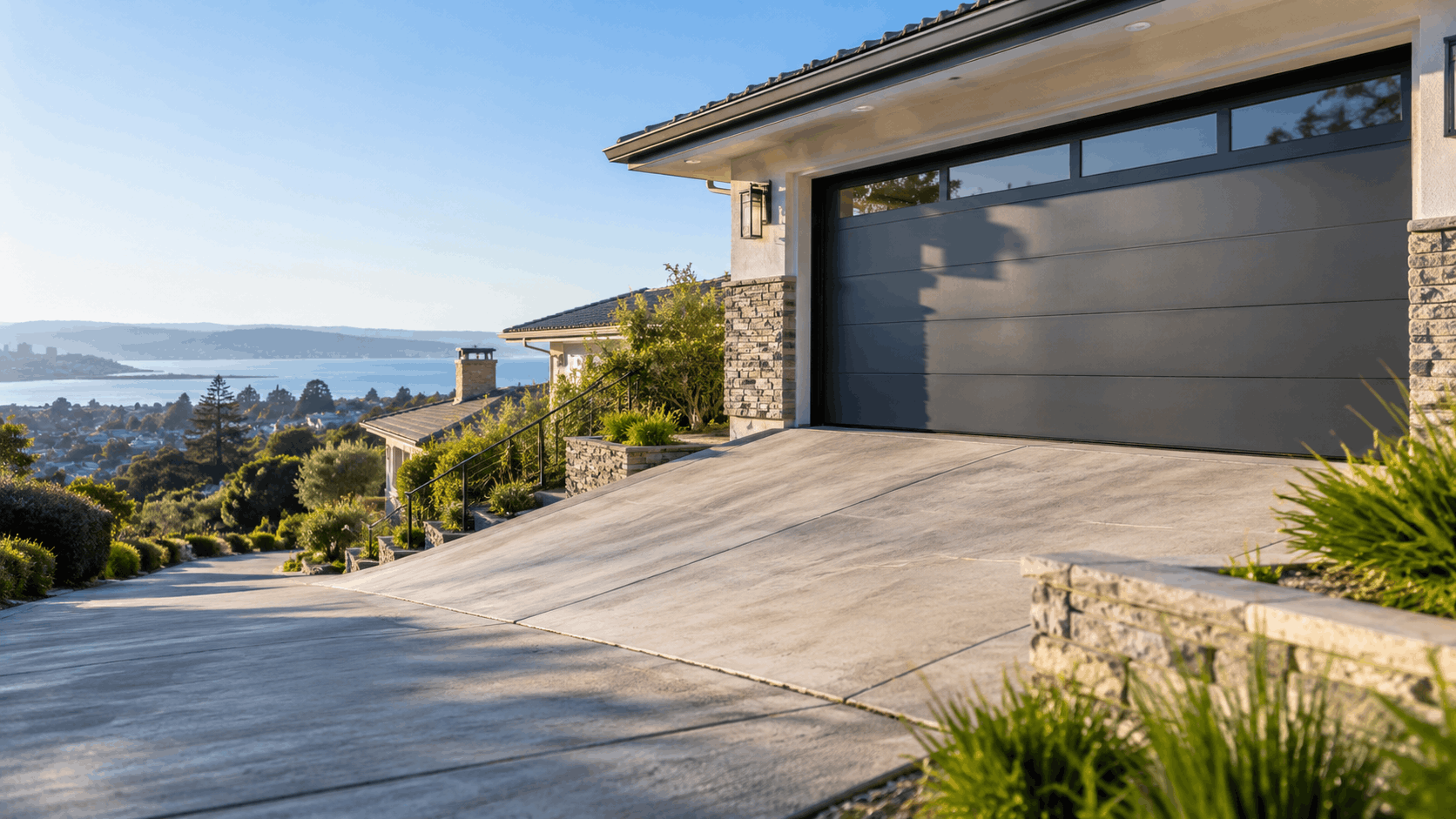 Modern gray garage door on hillside luxury home with panoramic harbor view