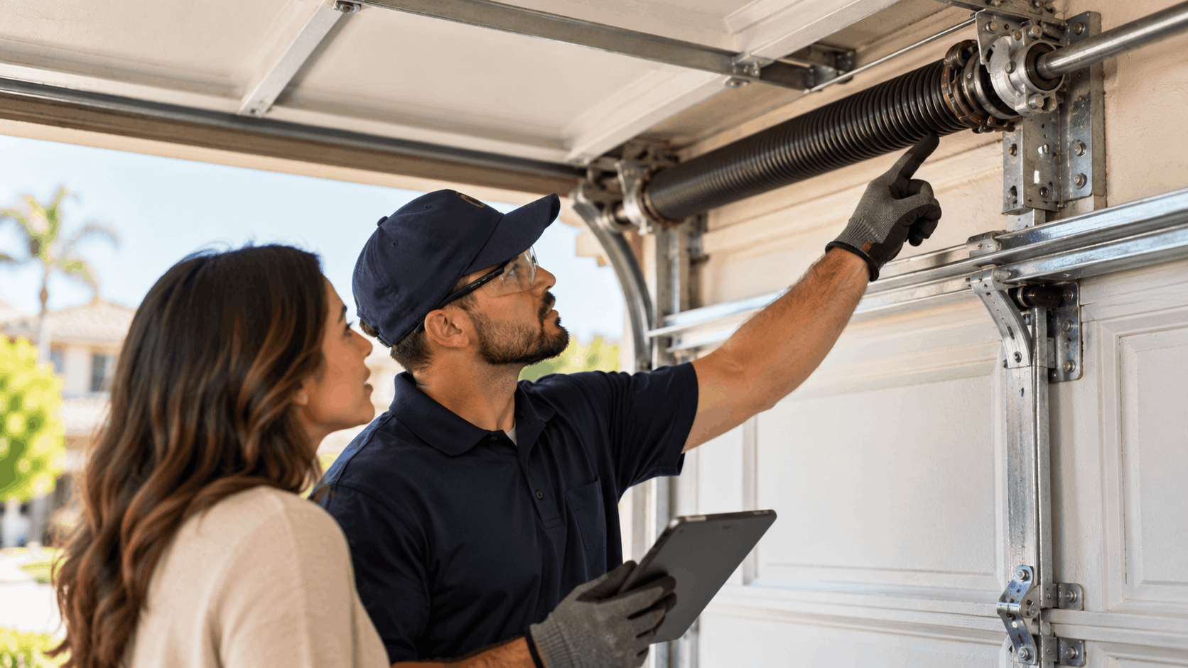 Garage door technician inspecting torsion spring system with Irvine homeowner nearby