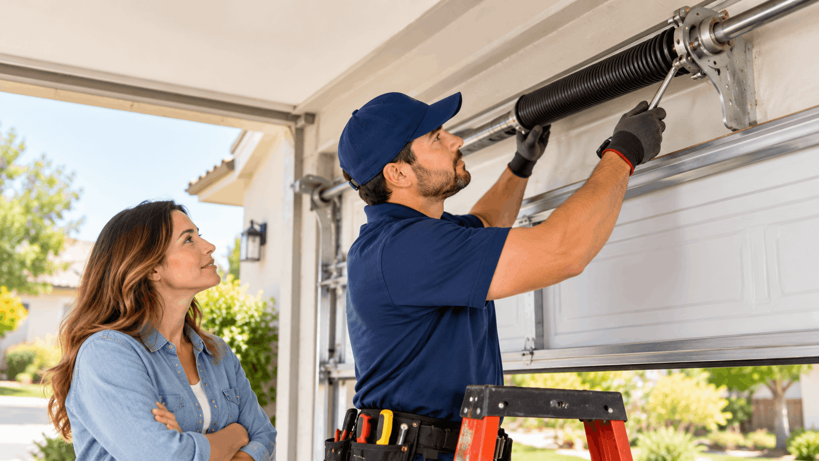 Garage door technician repairing torsion springs on ladder while homeowner watches