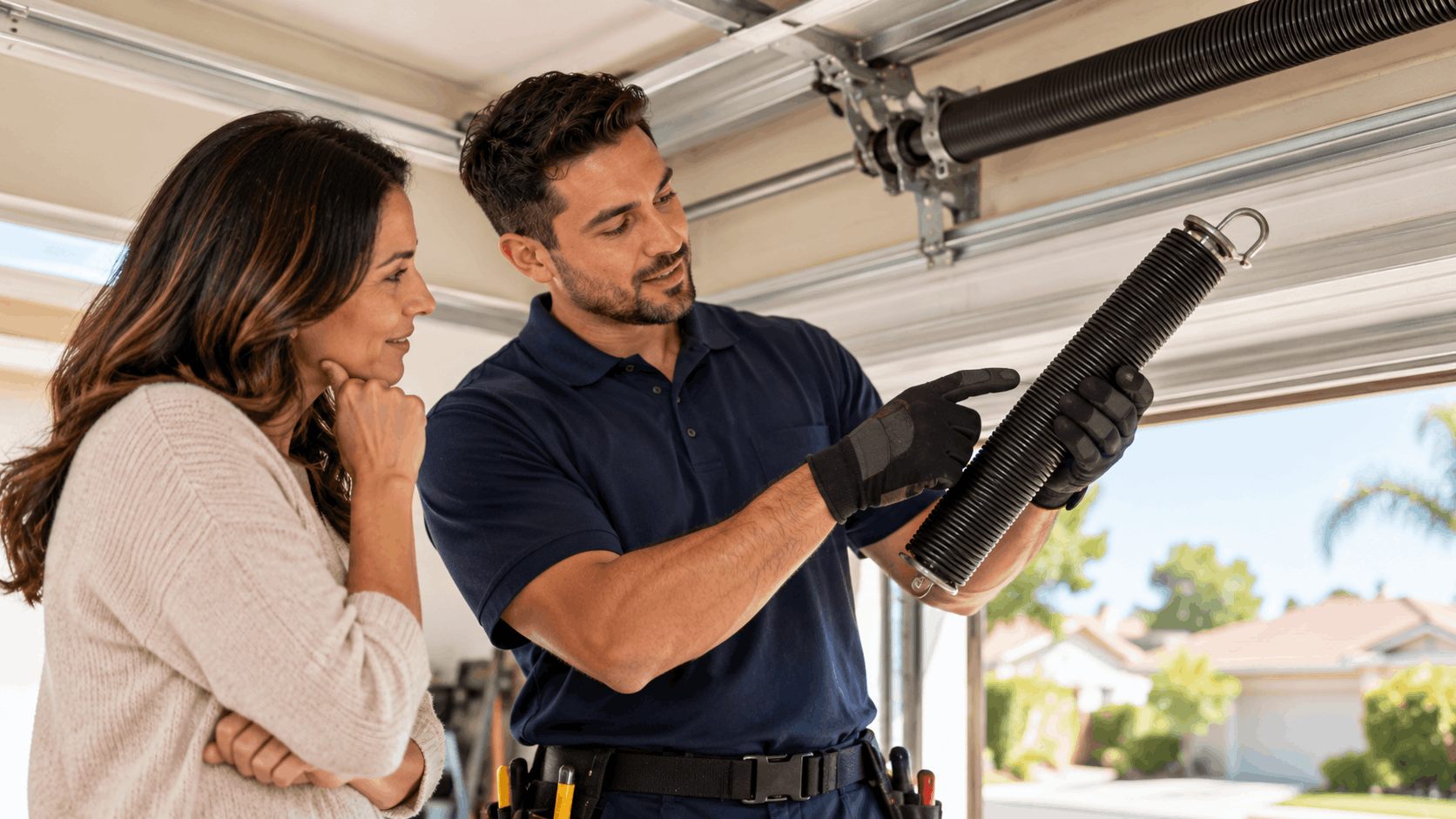 Garage door technician showing broken torsion spring to homeowner during replacement consultation