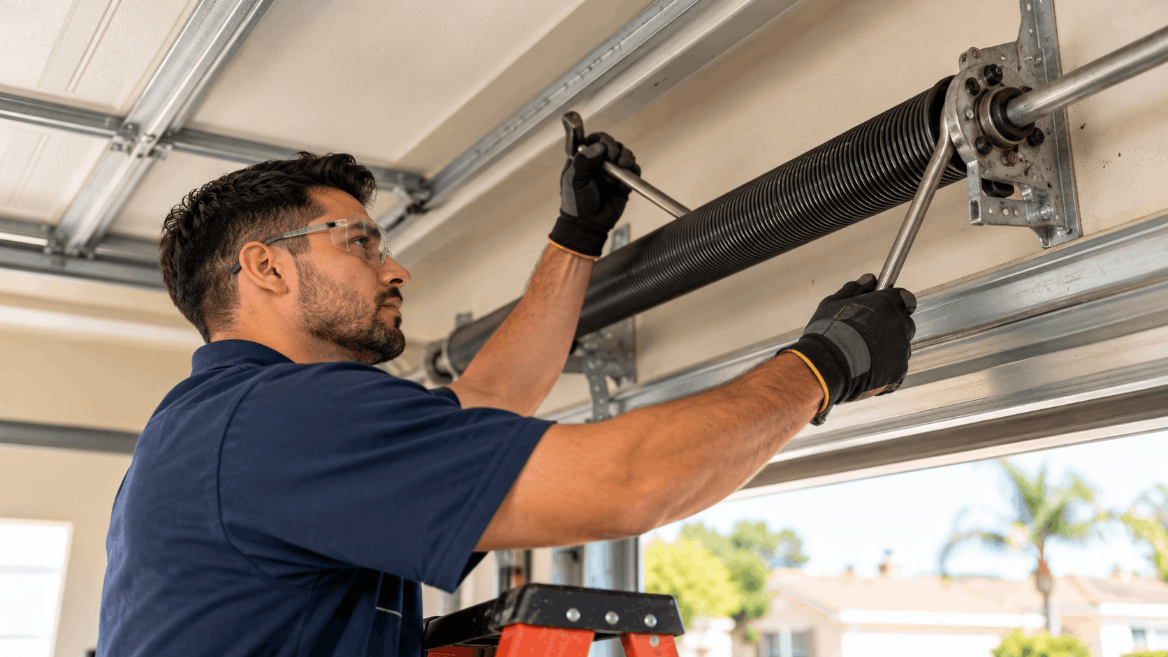 Technician repairing garage door torsion spring with winding bars in Santa Ana Heights