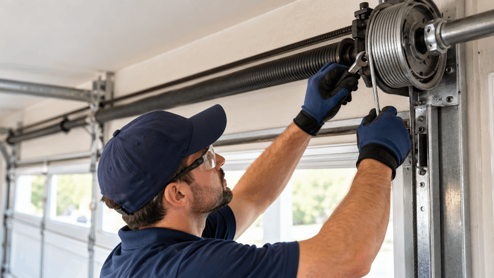 Technician repairing garage door cables and drums with winding bars in Irvine