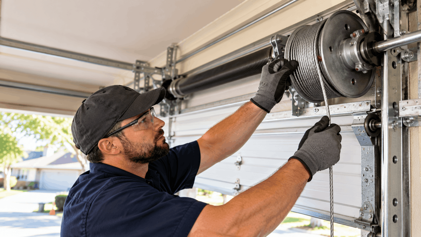 Professional garage door technician repairing torsion spring and cable drum in Irvine