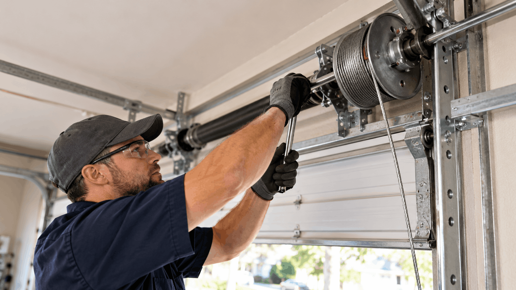 Garage door technician repairing torsion spring system in Irvine residential garage