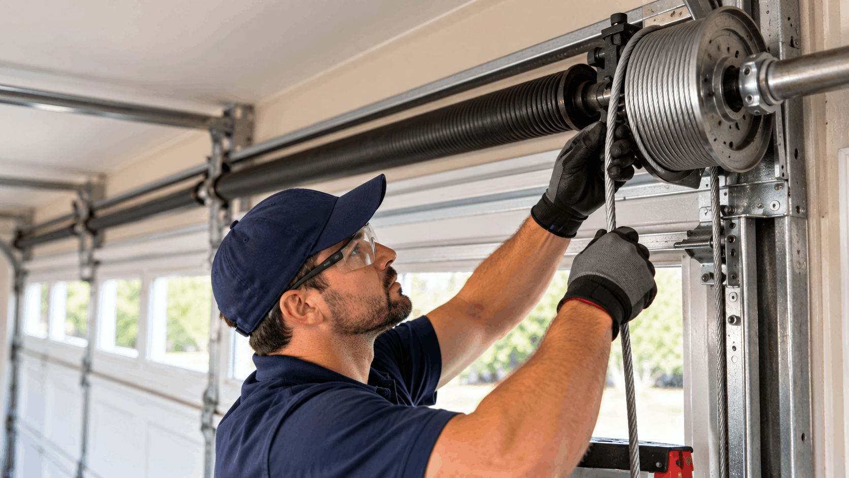 Technician inspecting garage door cables and drum spring system during repair