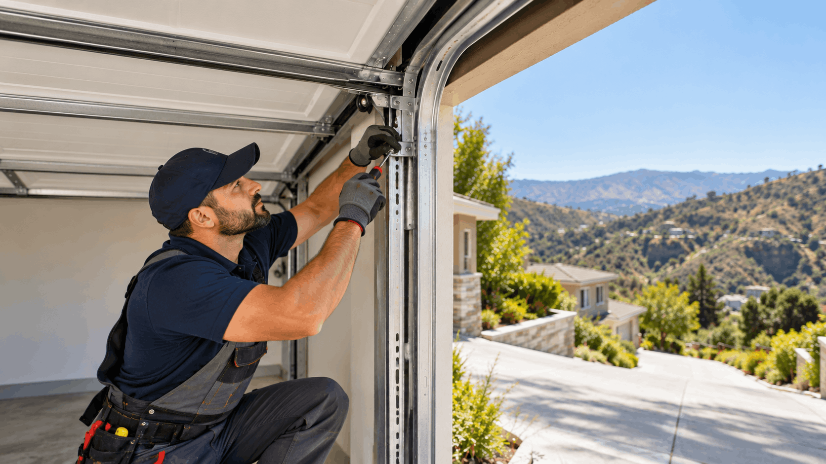 Garage door technician realigning metal track on residential door in Irvine hillside neighborhood