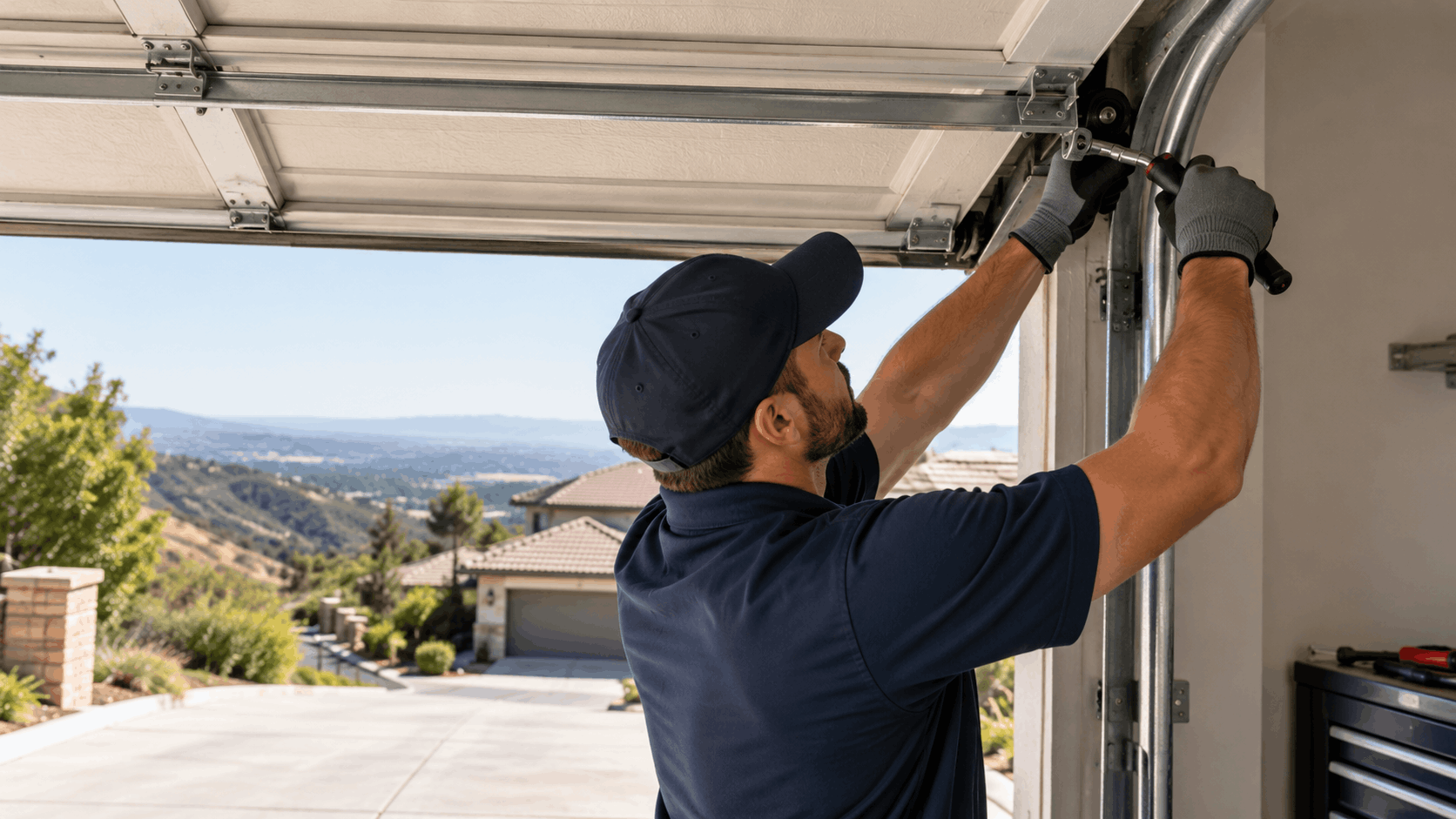 Technician realigning garage door track hardware with screwdriver in Irvine home