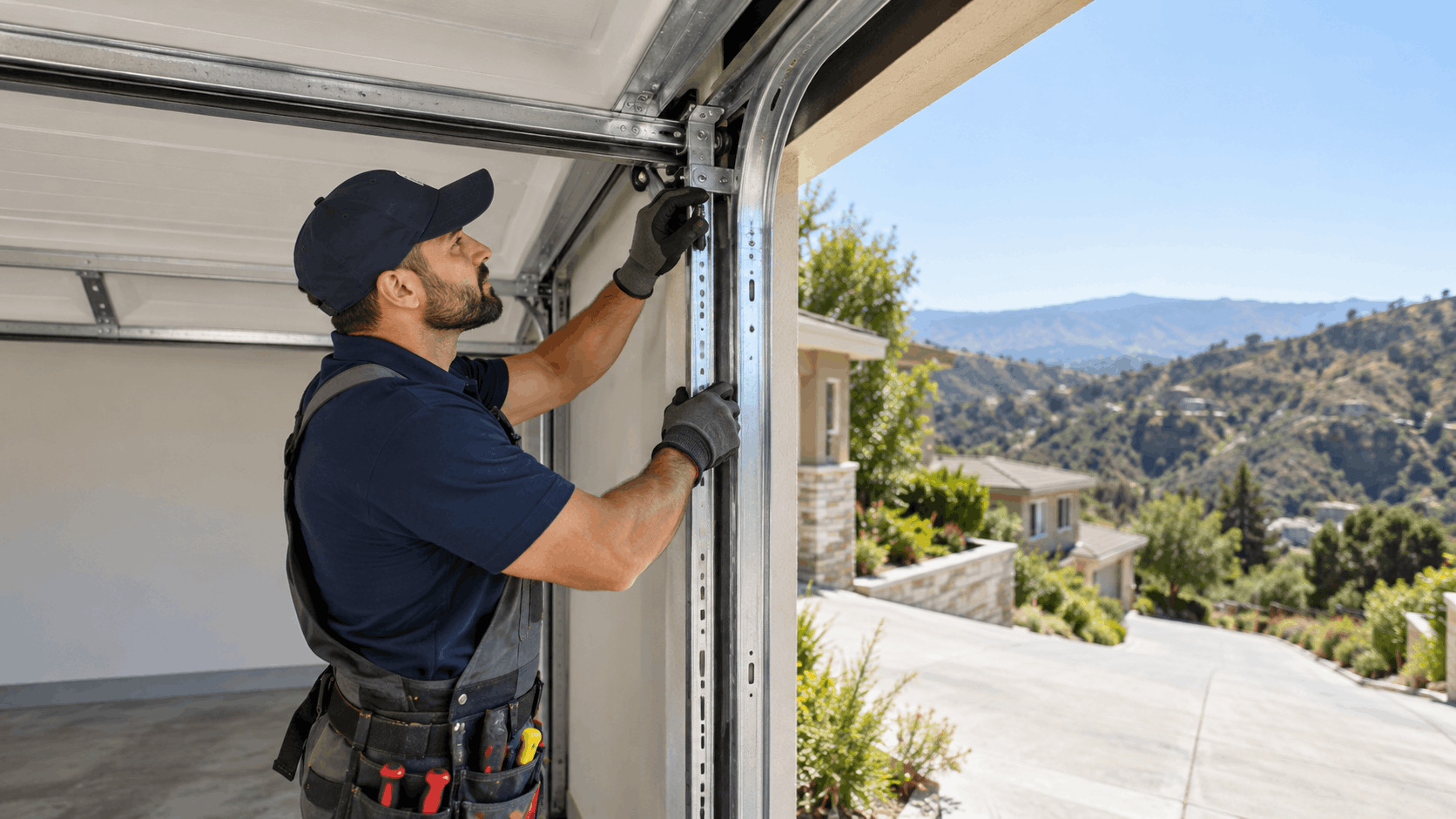 Garage door technician repairing track hardware on residential home in Irvine hillside neighborhood