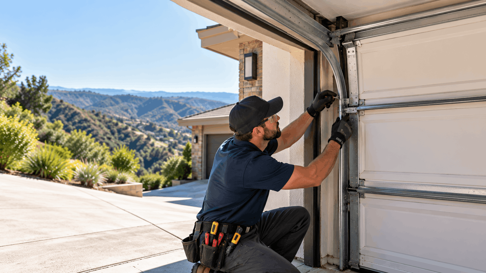Garage door technician repairing track alignment on white sectional door at hillside home
