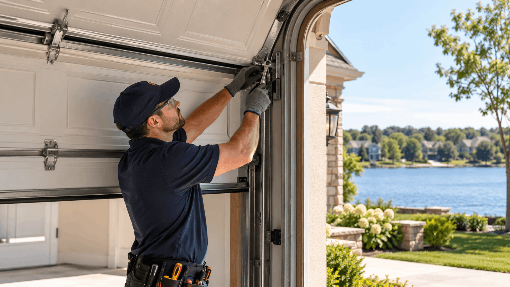 Garage door technician repairing track and hinges on white panel door lakeside home
