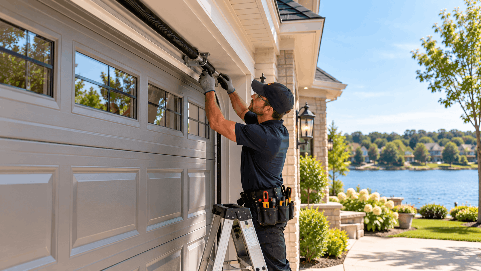 Garage door technician on ladder repairing spring mechanism at luxury Irvine lakefront home