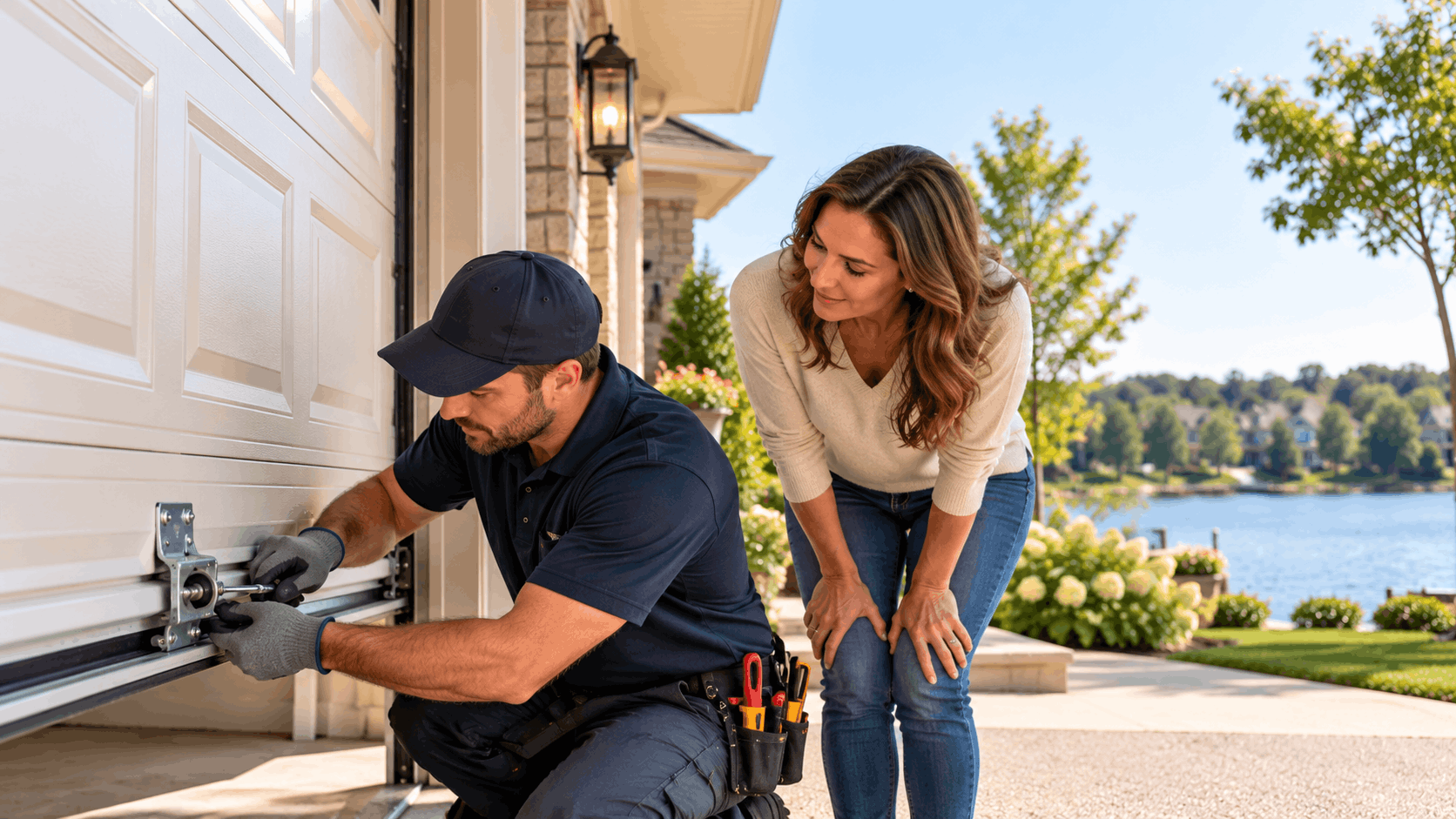 Garage door technician repairing track hardware while Lake Forest homeowner observes nearby