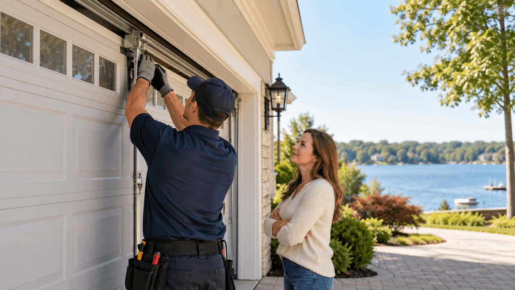 Garage door technician repairing Lake Forest home door while homeowner watches nearby